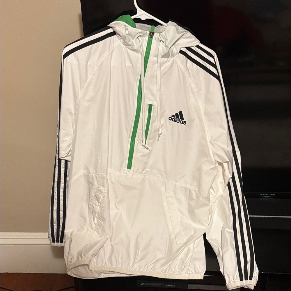 Adidas Men's White Windbreaker with Black Stripes
